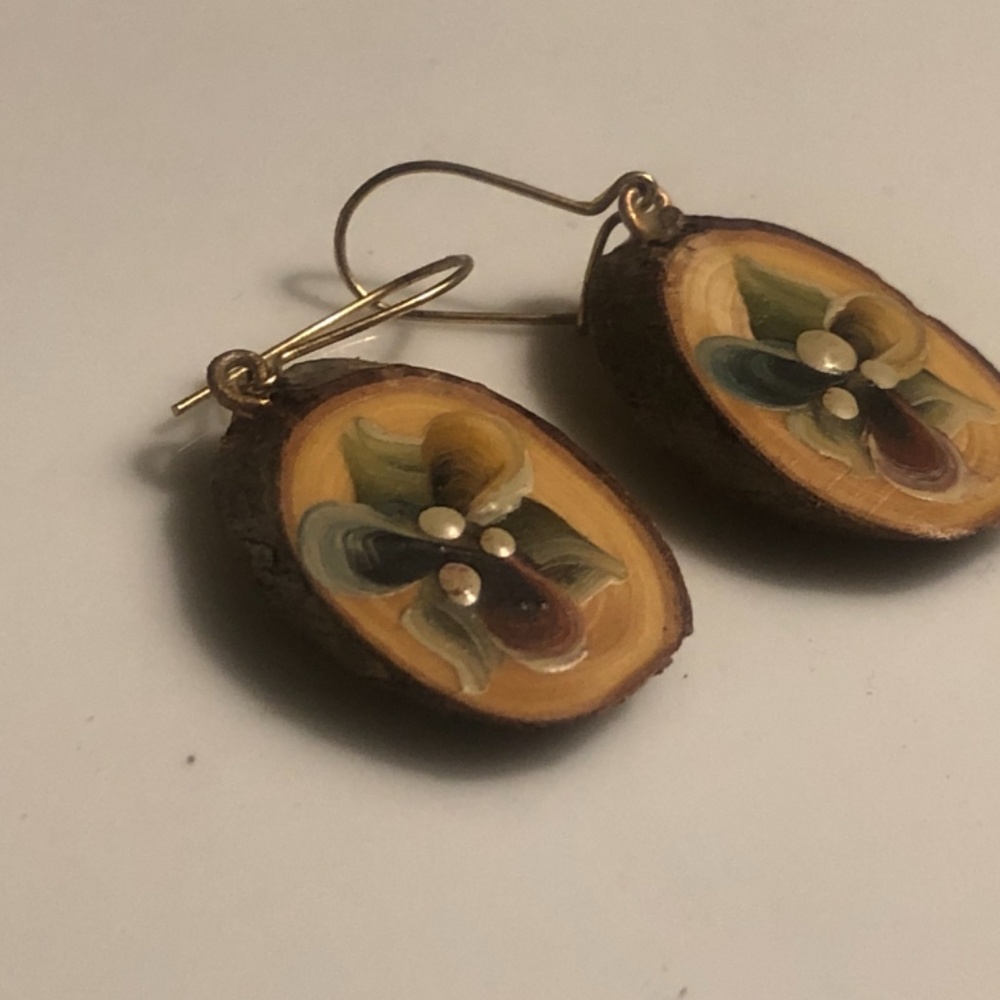 Handmade Wood Slice Floral Drop Earrings - Picture 3 of 7